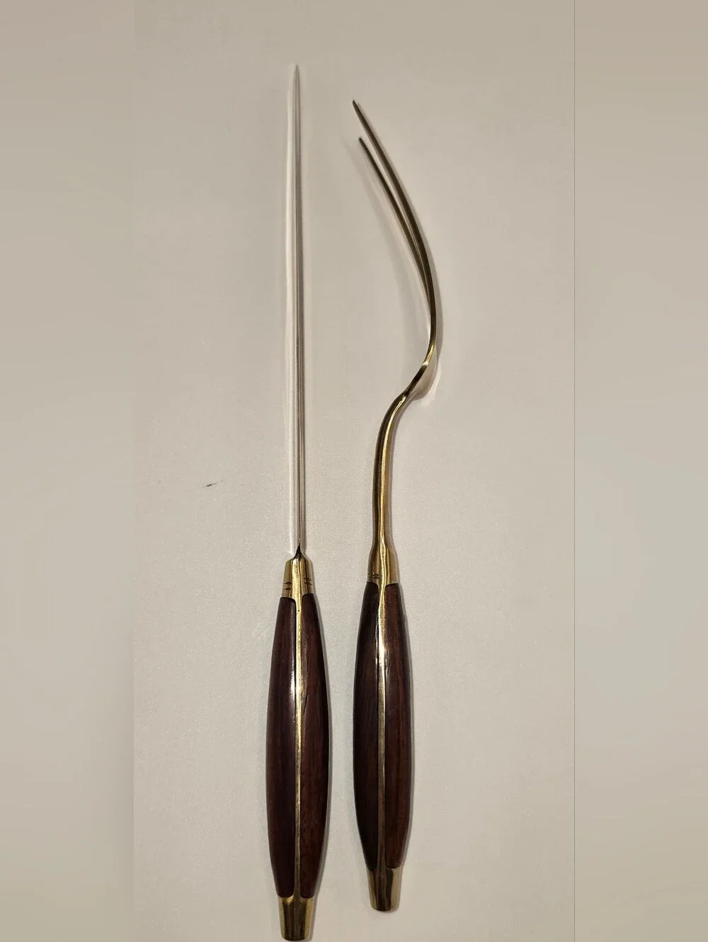 Mid-century Carving Knife & Fork Set Brass/Bronze Alloy with Teak Wood Handle